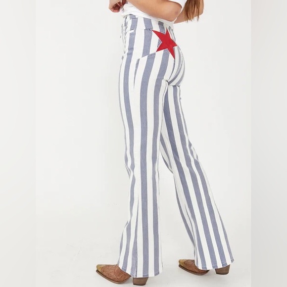 Free People Firecracker Striped Star High Waisted Flare Leg Stretch Denim Jeans - Picture 3 of 8